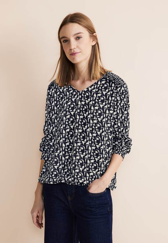 344527 DEEP BLUE Street One Printed V-Neck Blouse With Smoked Detail