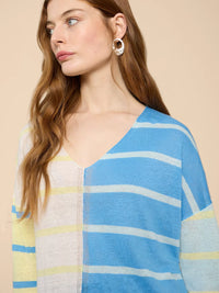 441055 BLUE MULTI White Stuff Linen v-neck jumper