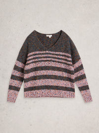 White Stuff 445662 Textured Stripe V Neck Jumper