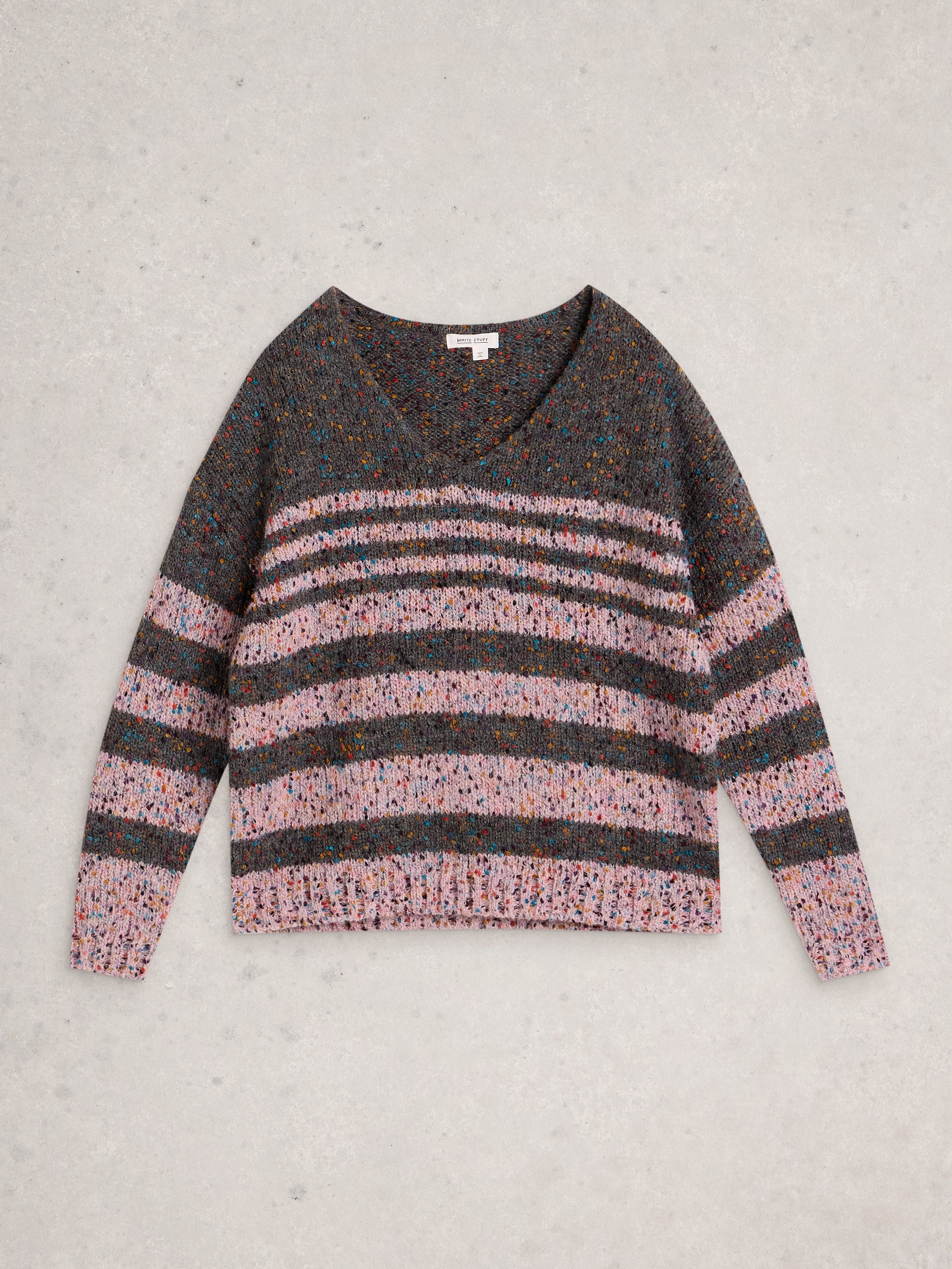 White Stuff 445662 Textured Stripe V Neck Jumper