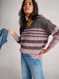 White Stuff 445662 Textured Stripe V Neck Jumper