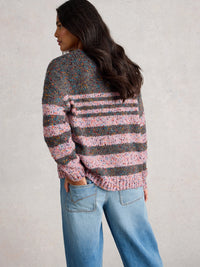 White Stuff 445662 Textured Stripe V Neck Jumper