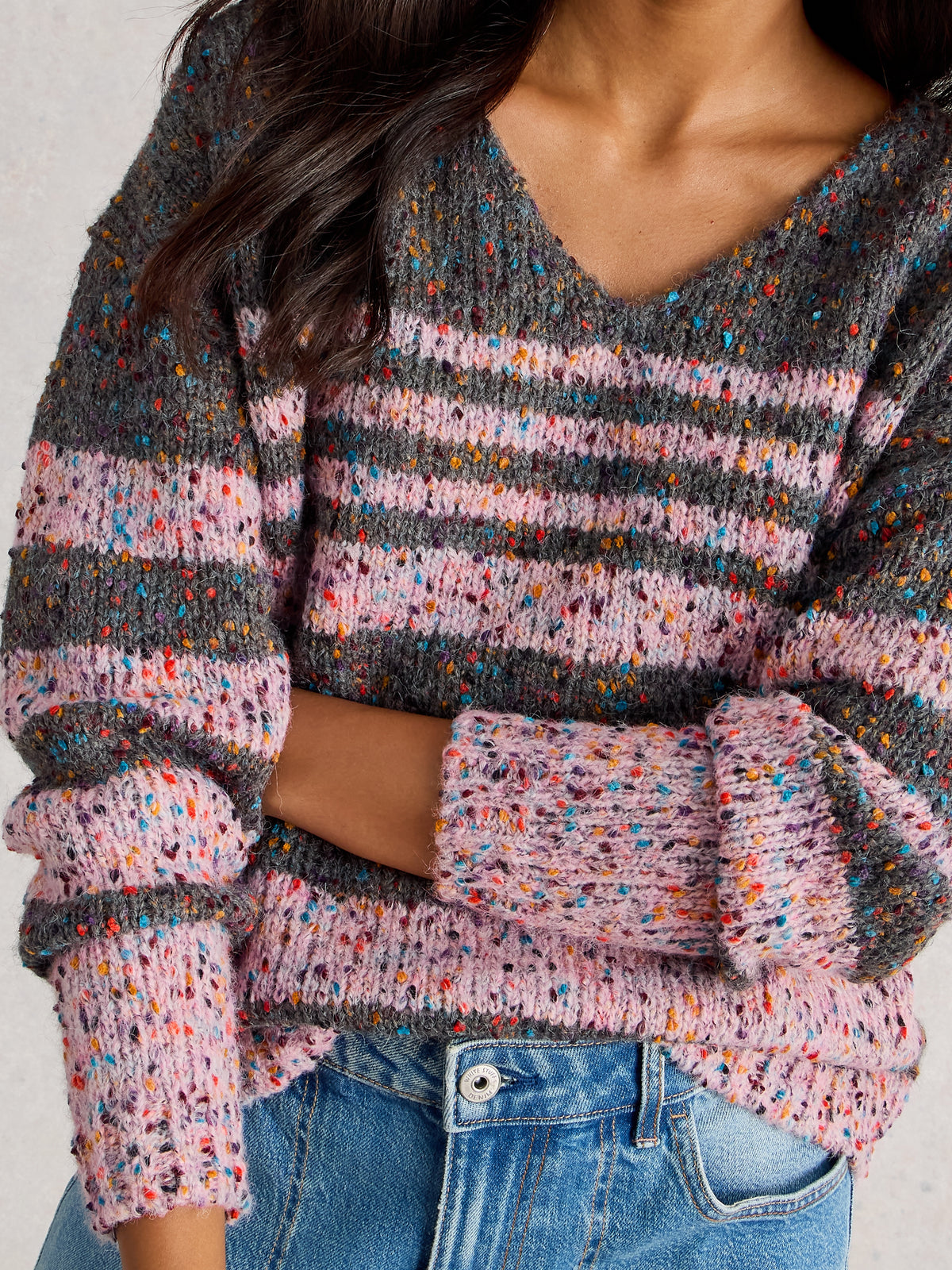 White Stuff 445662 Textured Stripe V Neck Jumper