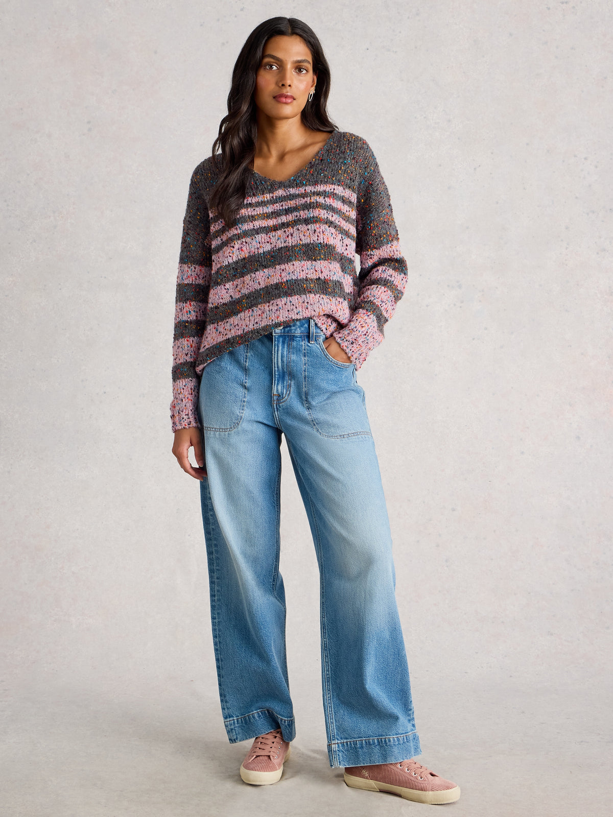 White Stuff 445662 Textured Stripe V Neck Jumper