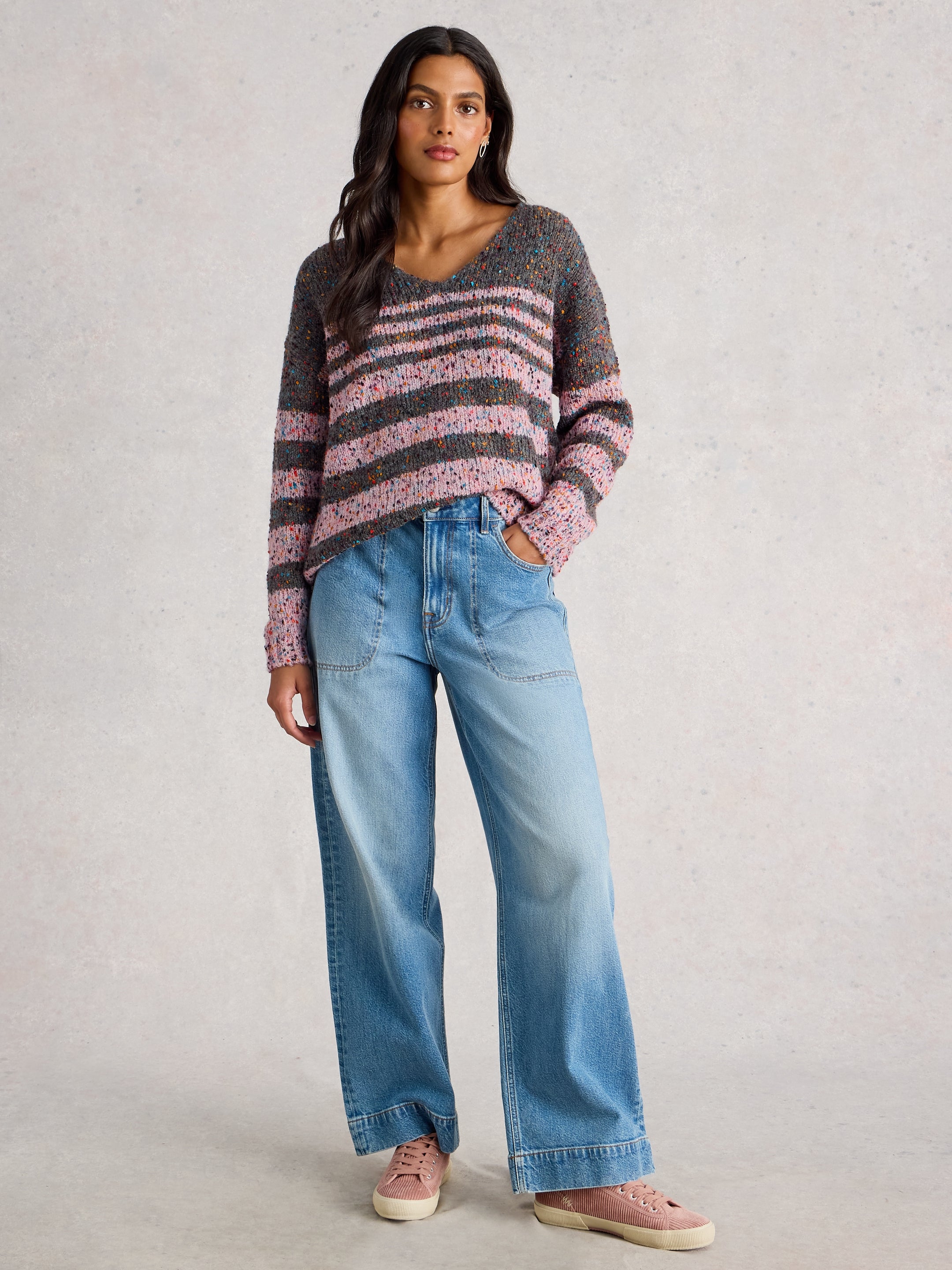 White Stuff 445662 Textured Stripe V Neck Jumper