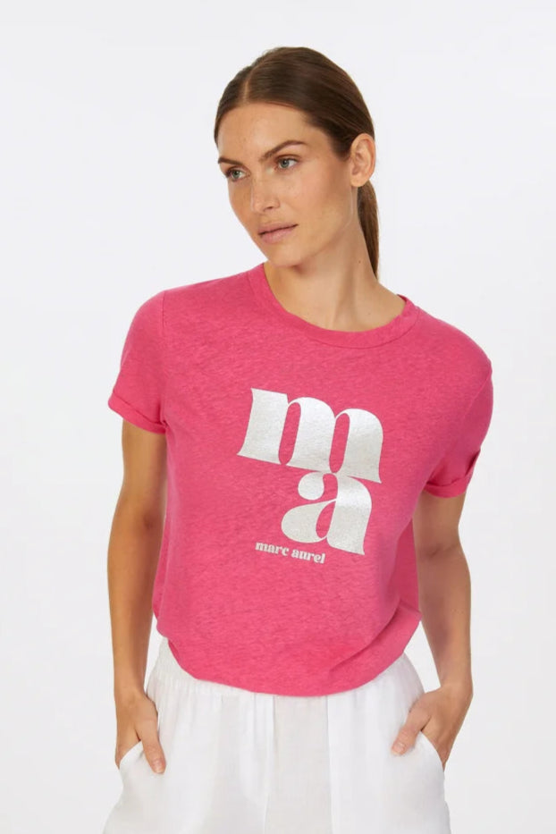 Marc Aurel 7679-7000-73865 Linen T -shirt with metallic logo print