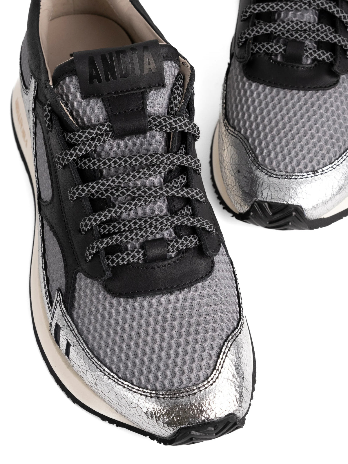 Andiafora Hoty Cracked Silver Ladies leather Shoes With Rubber Soles