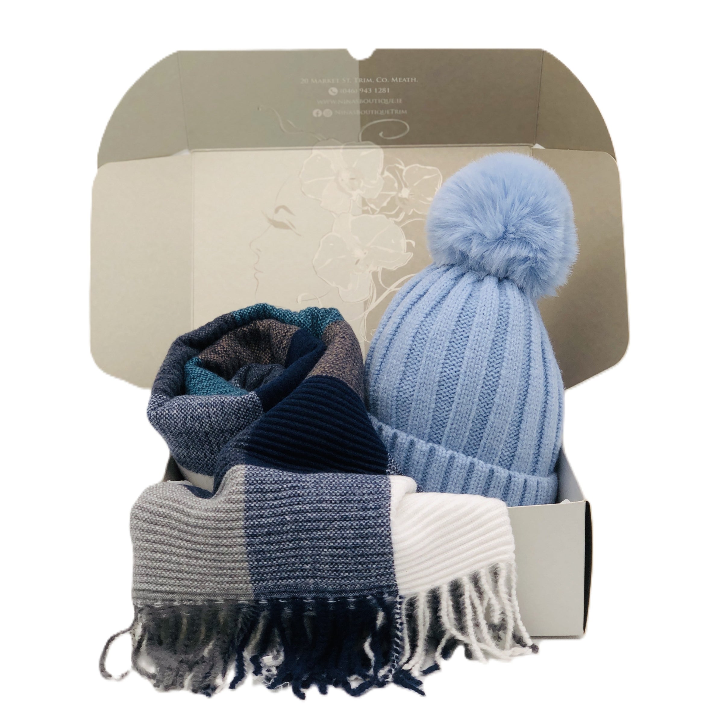 BEST OF IRISH GS25106 Crinkle Check Scarf & Pom Pom Hat Giftset