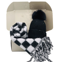 BEST OF IRISH GS25104 Checkerboard Scarf & Sparkle Pom Pom Hat Giftset