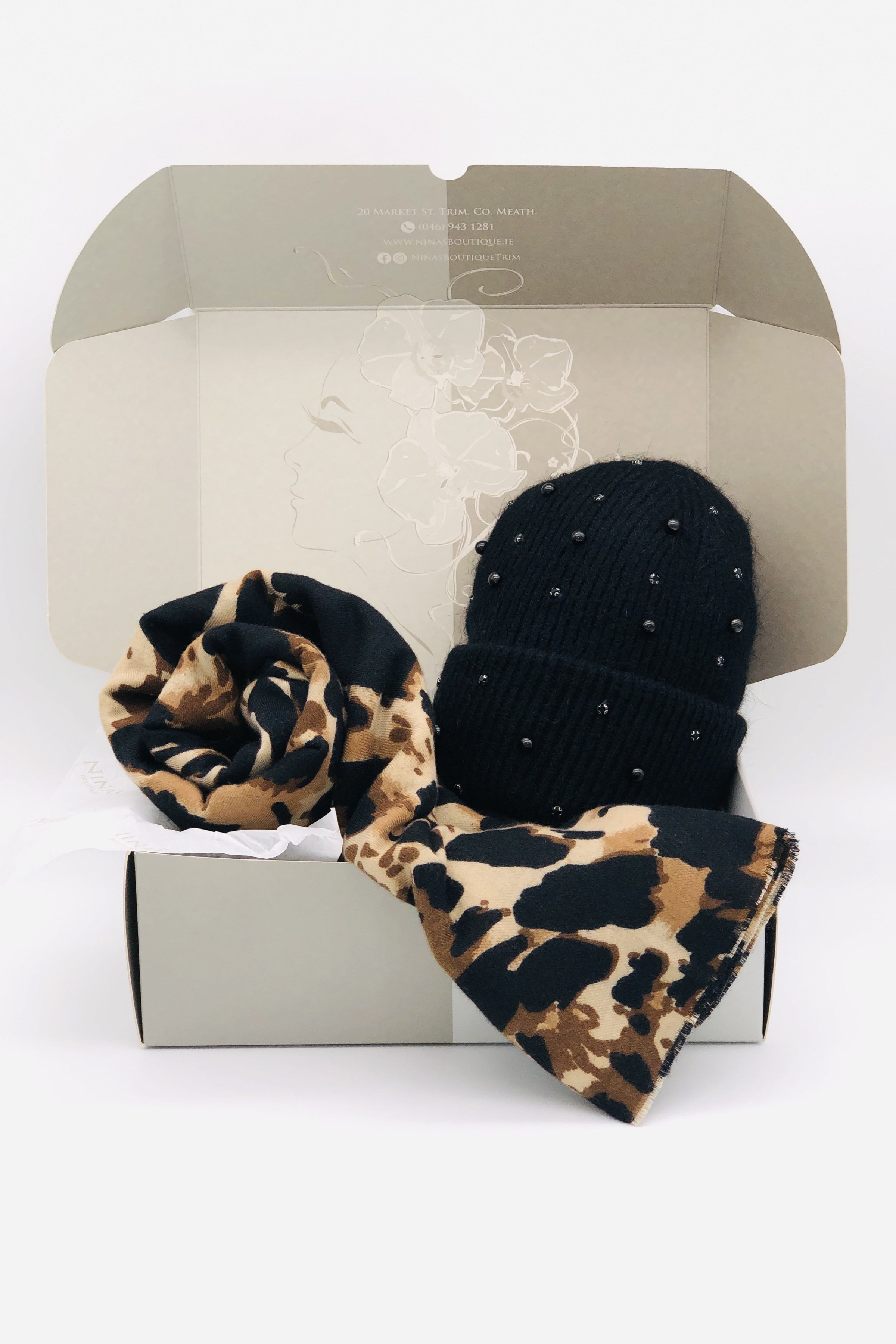 BEST OF IRISH GS25112 Sparkle Beanie/Animal Print Scarf