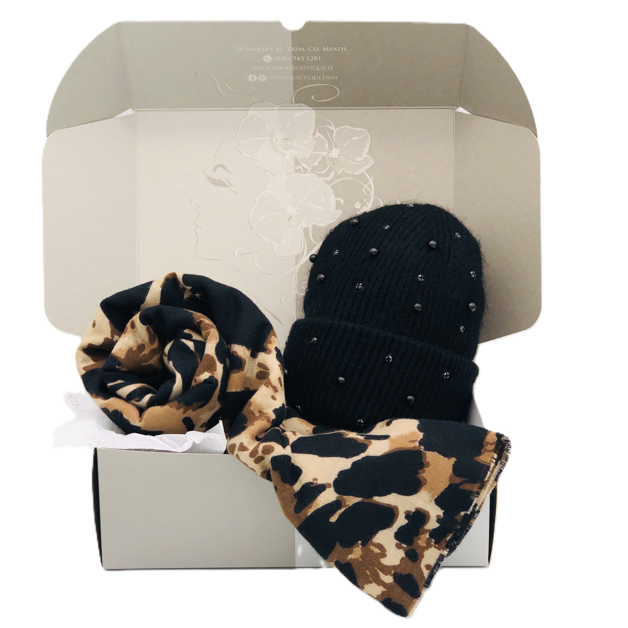 BEST OF IRISH GS25112 Sparkle Beanie/Animal Print Scarf