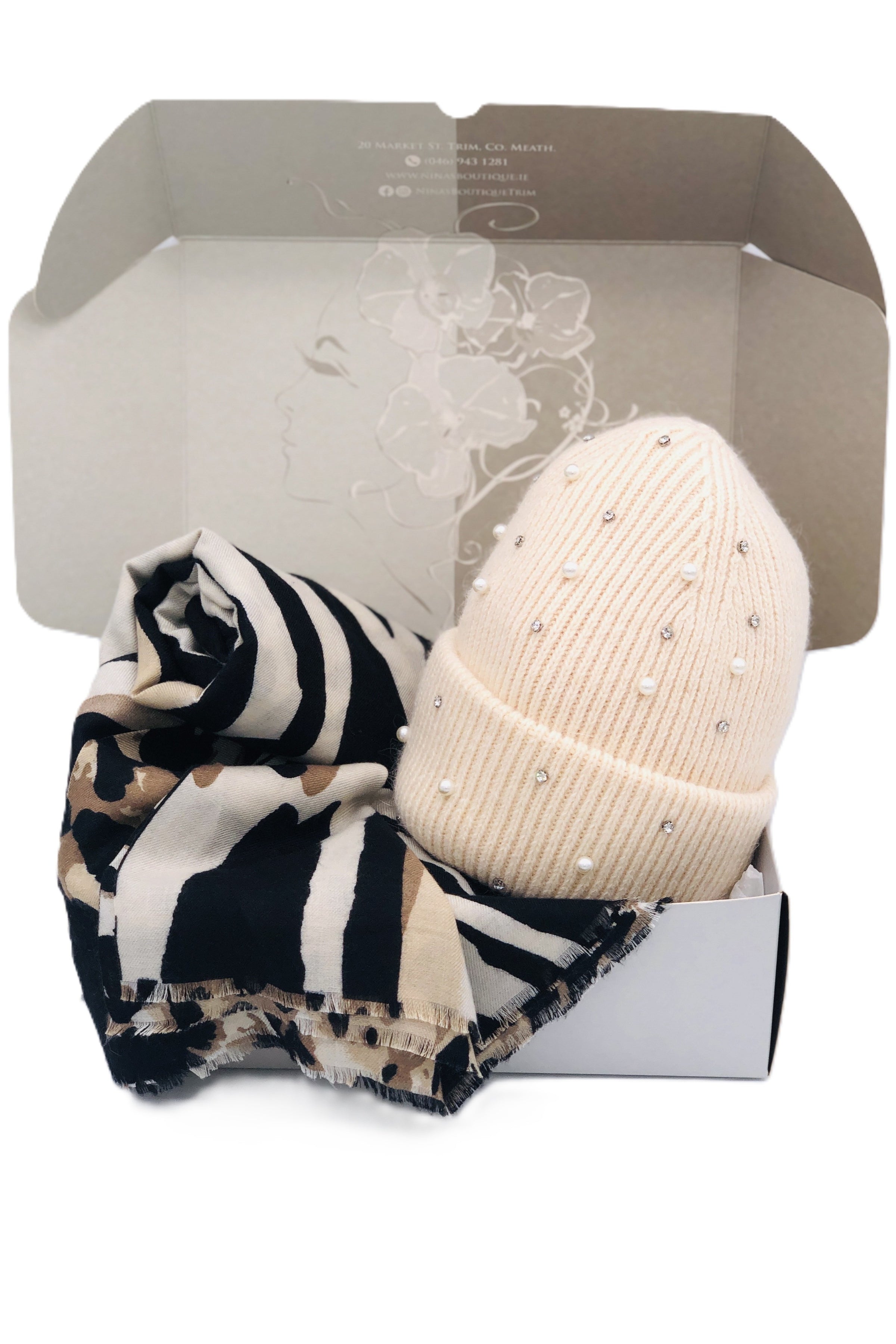 BEST OF IRISH GS25113 Bejewelled Beanie Hat & Animal Print Scarf Giftset