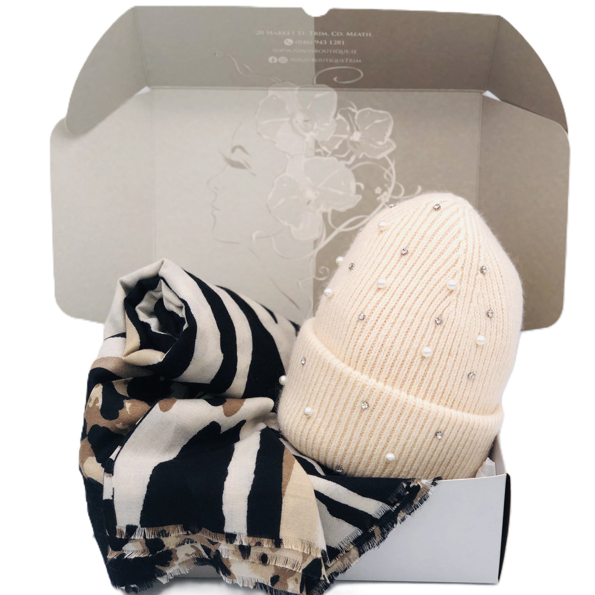 BEST OF IRISH GS25113 Bejewelled Beanie Hat & Animal Print Scarf Giftset
