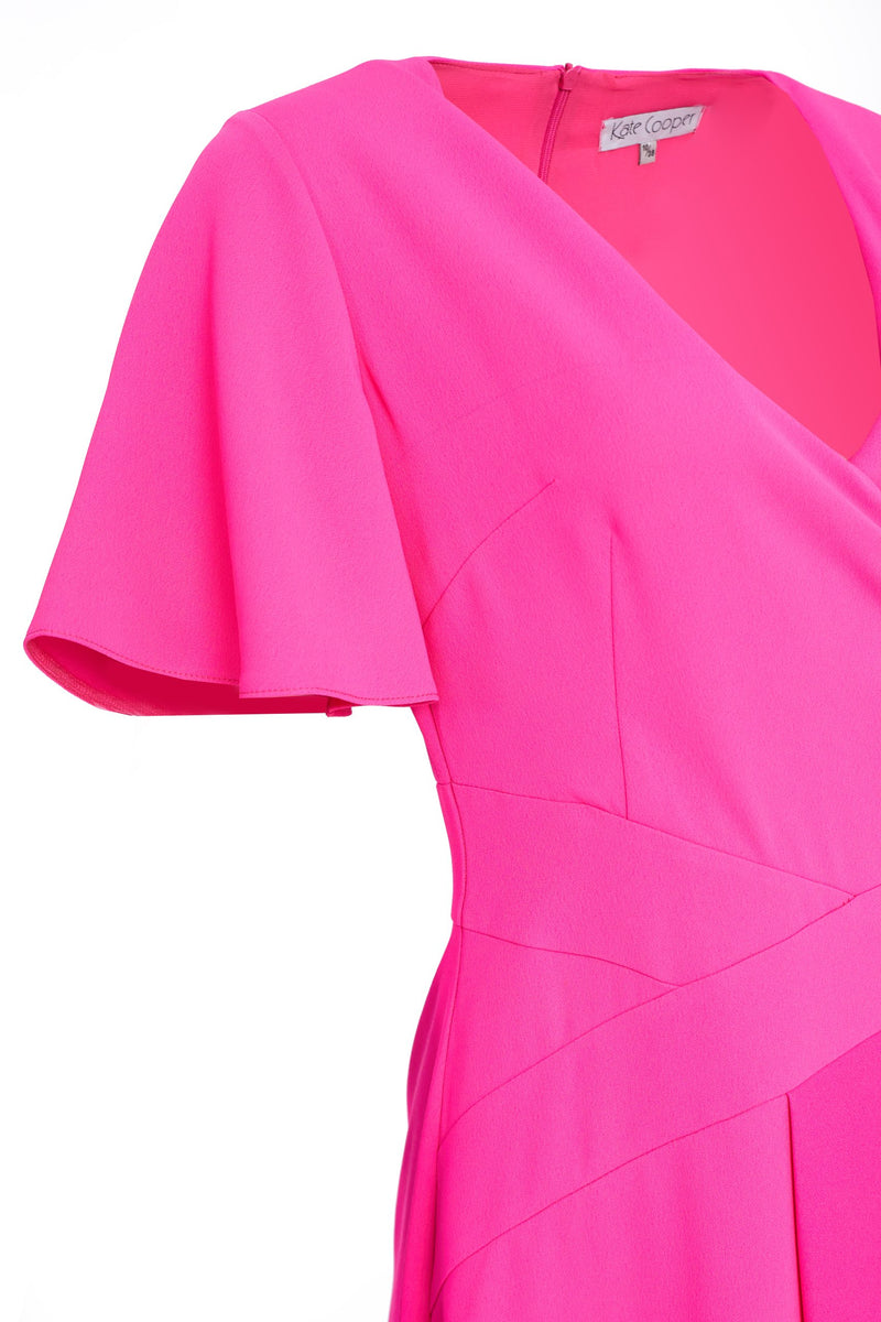 KCS23110 Hot Pink Mock Wrap Dress/Flared Skirt Kate Cooper