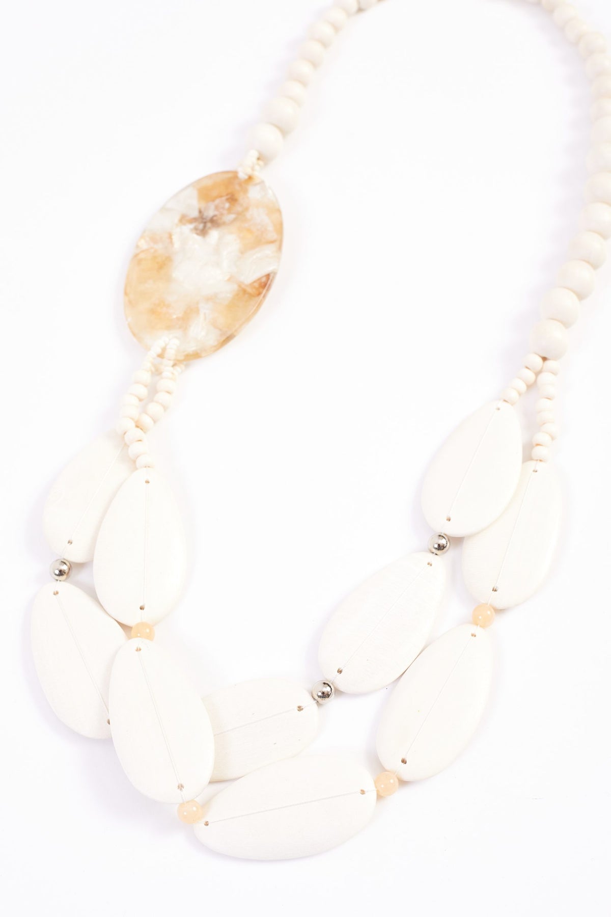 NAS24346 OFF WHITE Metalic Look Stone Necklace With Beads NAYA