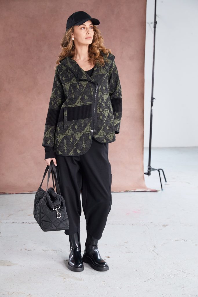 NAYA NAW25188 Jacquard Print Jacket With Angled Zip and Ribbed Panels