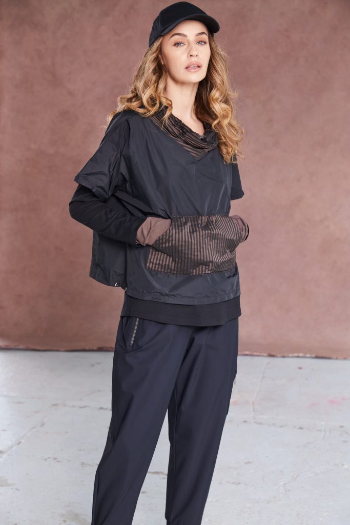 NAYA NAW25190 Drawstring hem top with stripped pocket and collar