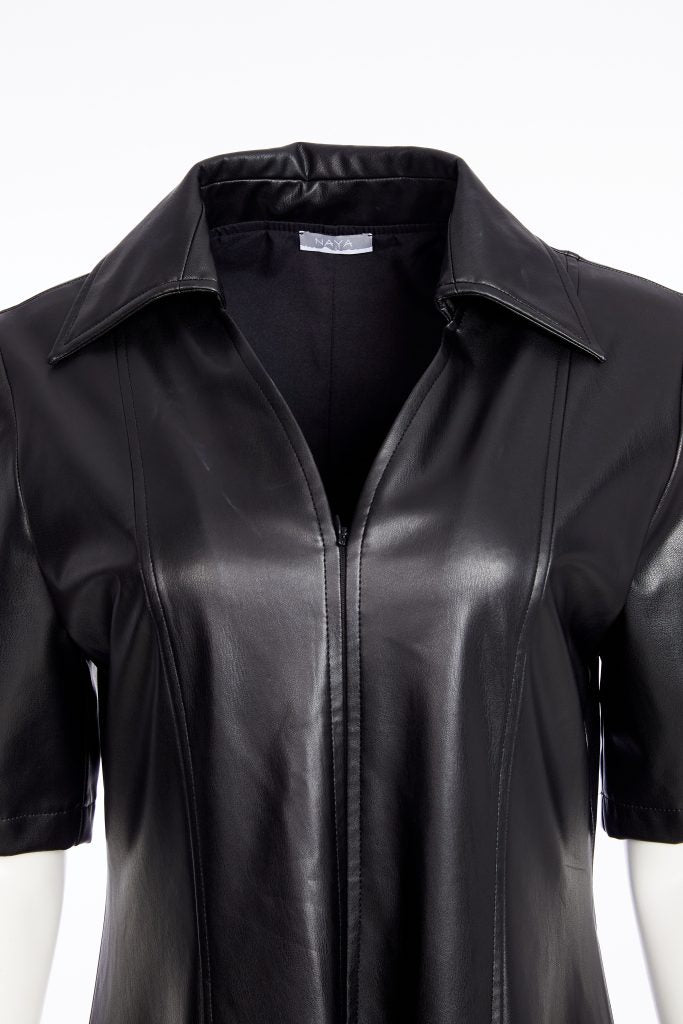 NAYA NAW25207 Leatherette Dress With Zip Detail and Lace Effect Detail@Hem