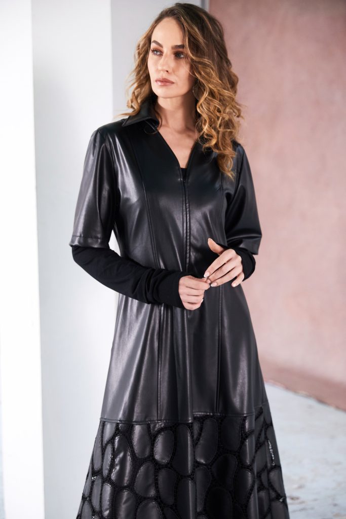 NAYA NAW25207 Leatherette Dress With Zip Detail and Lace Effect Detail@Hem