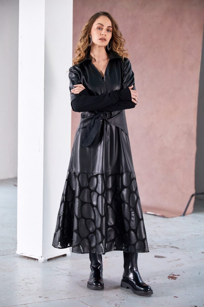 NAYA NAW25207 Leatherette Dress With Zip Detail and Lace Effect Detail@Hem