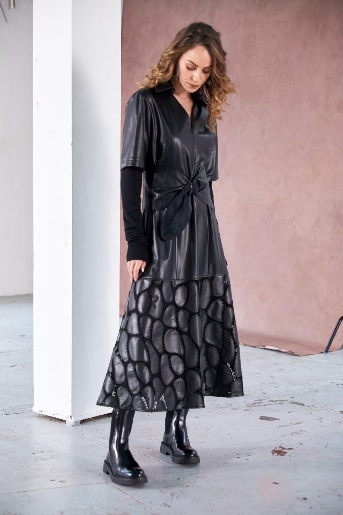 NAYA NAW25207 Leatherette Dress With Zip Detail and Lace Effect Detail@Hem