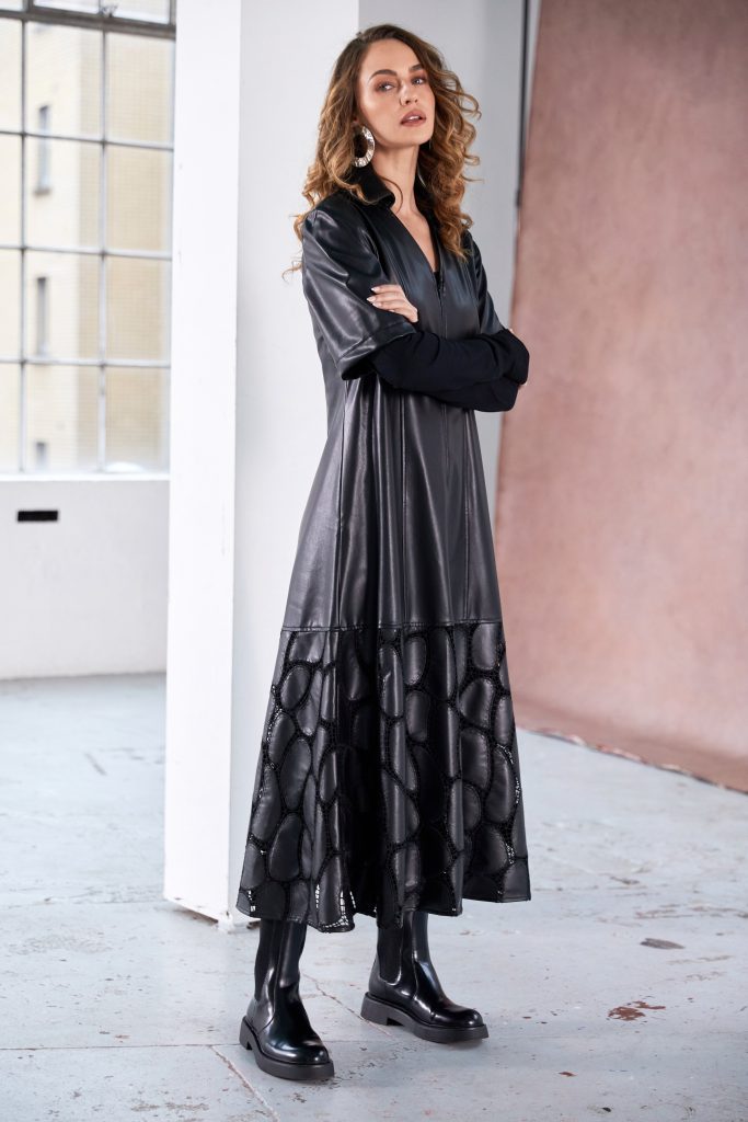 NAYA NAW25207 Leatherette Dress With Zip Detail and Lace Effect Detail@Hem