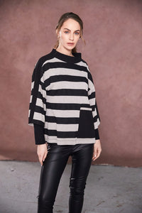 NAYA NAW25269 High neck stripped top with contrast sections and pocket