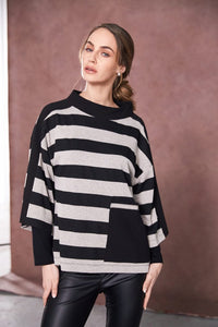 NAYA NAW25269 High neck stripped top with contrast sections and pocket