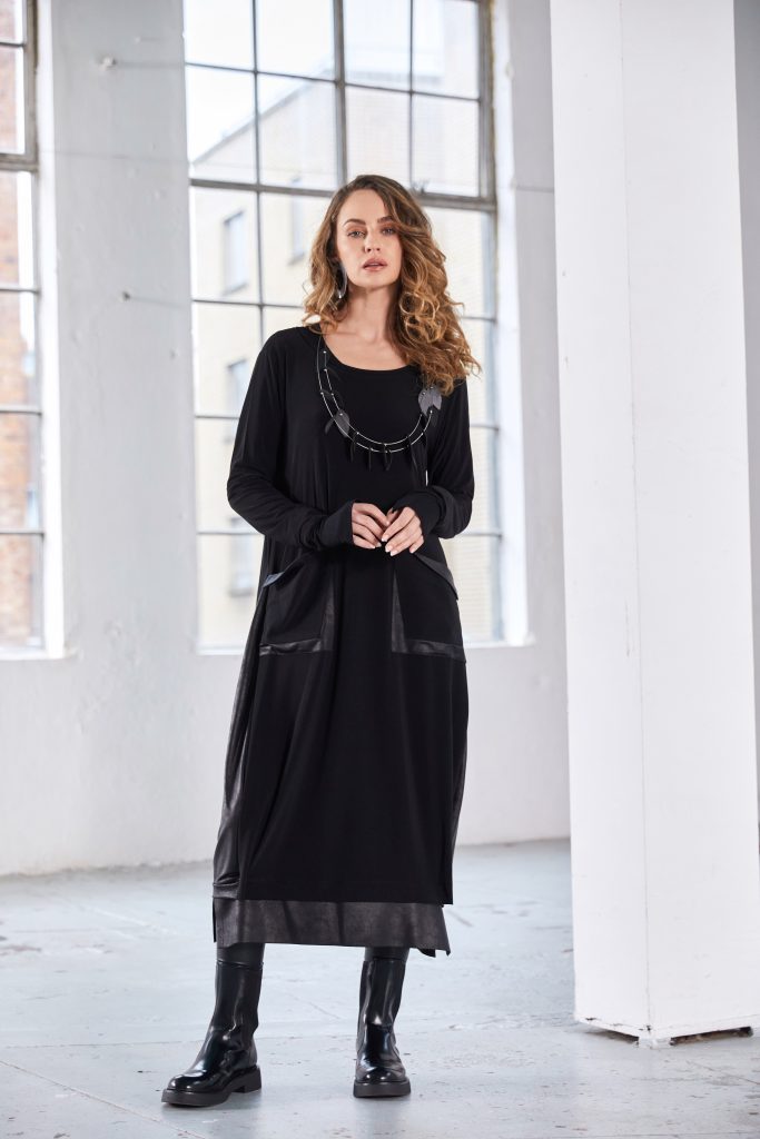 NAYA NAW25304 Round Neck Dress With Loose Pocket and Contrast Panels