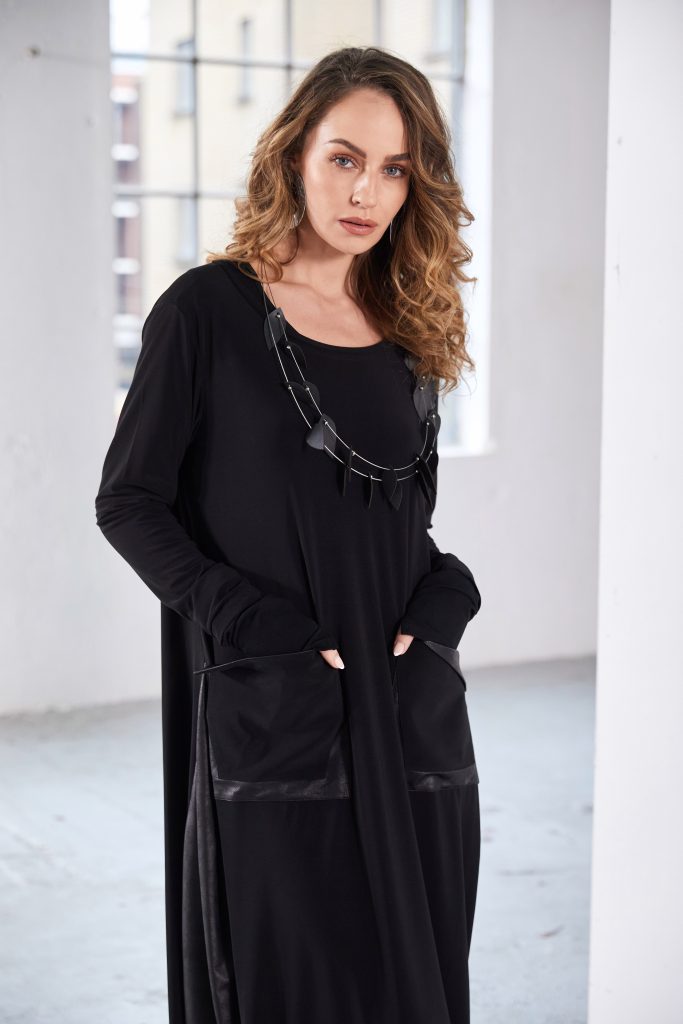 NAYA NAW25304 Round Neck Dress With Loose Pocket and Contrast Panels