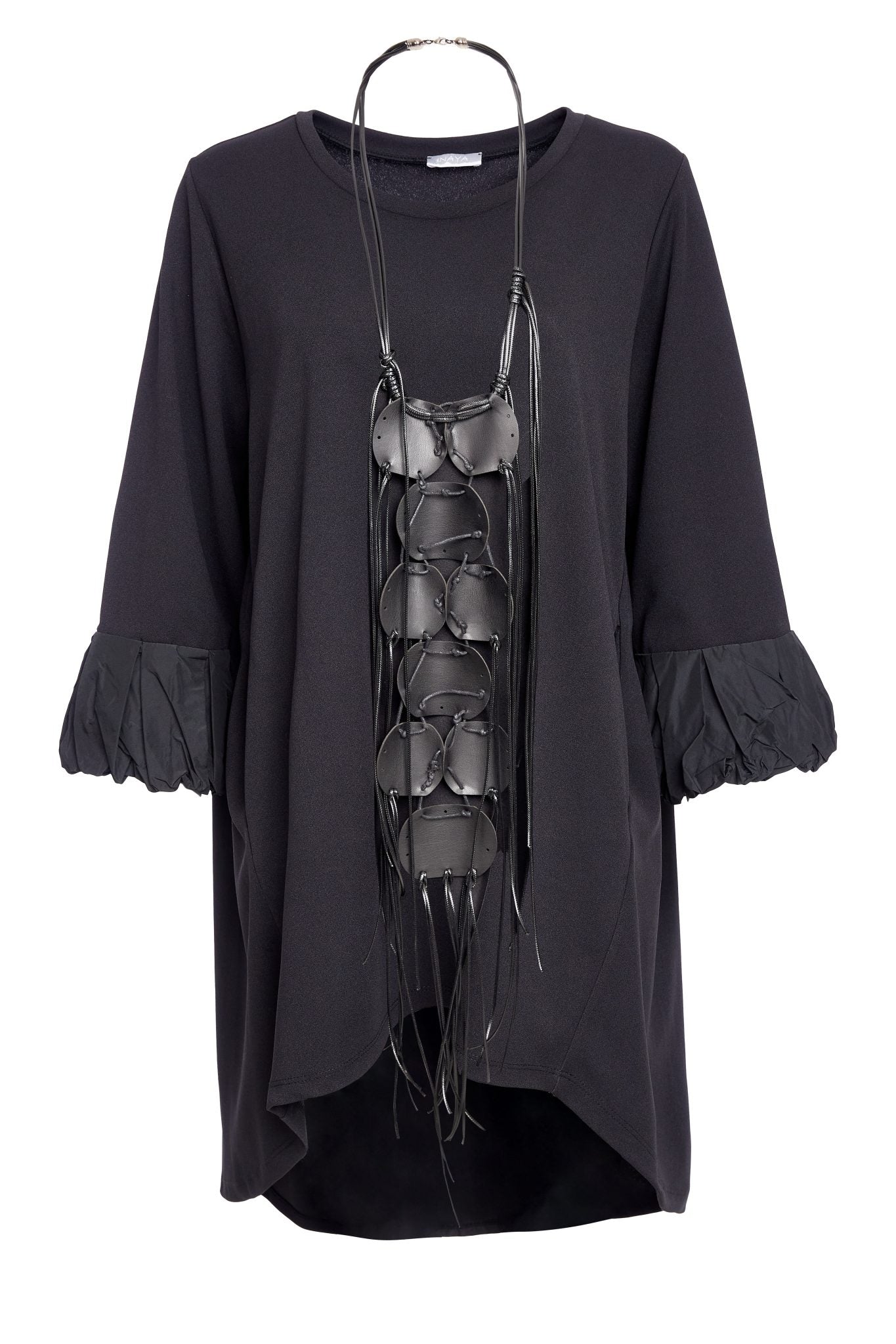 NAYA NAW25305 Curved Hemline Tunic Top With Contrast Ruched Cuff