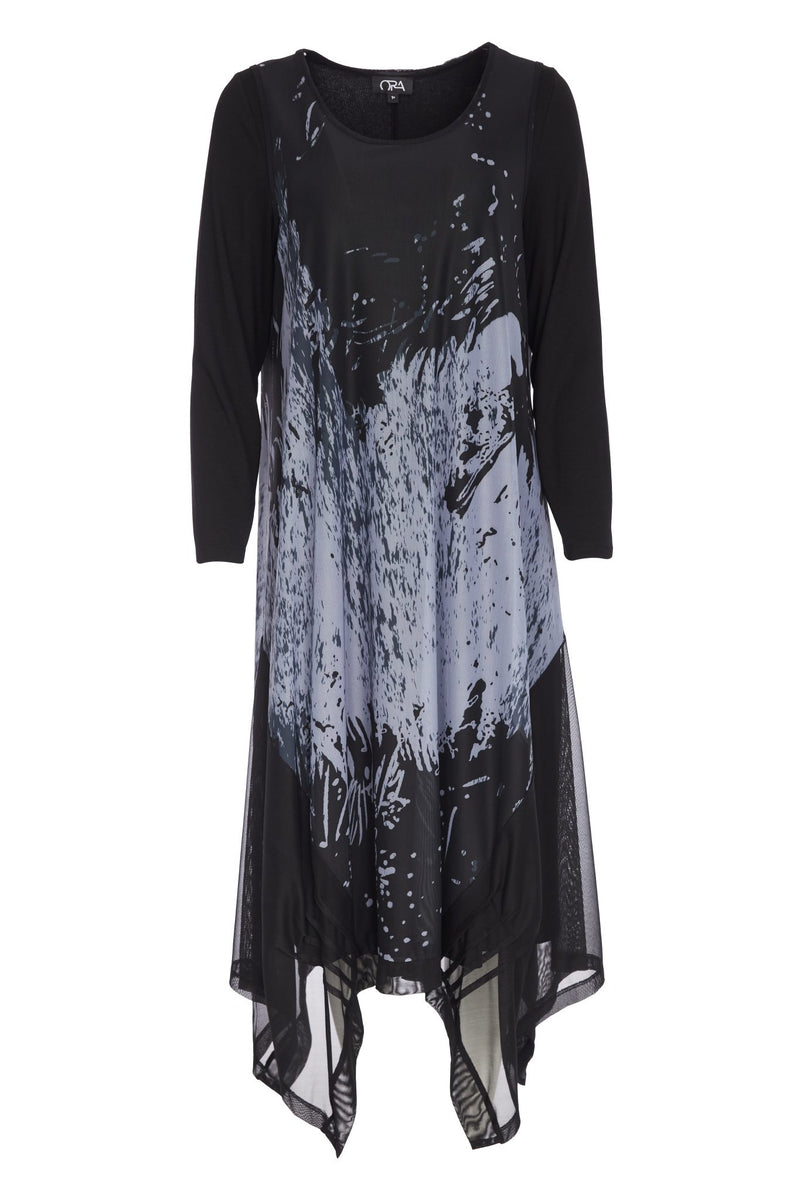 ORA ORW25161 Soft mesh print round neck dress with jersey underdress