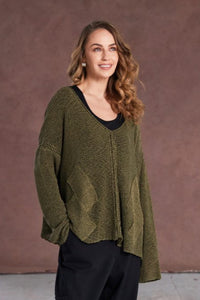 NAYA NAW25327 loose weave V neck knit with layed on sections