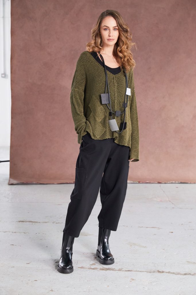 NAYA NAW25327 loose weave V neck knit with layed on sections