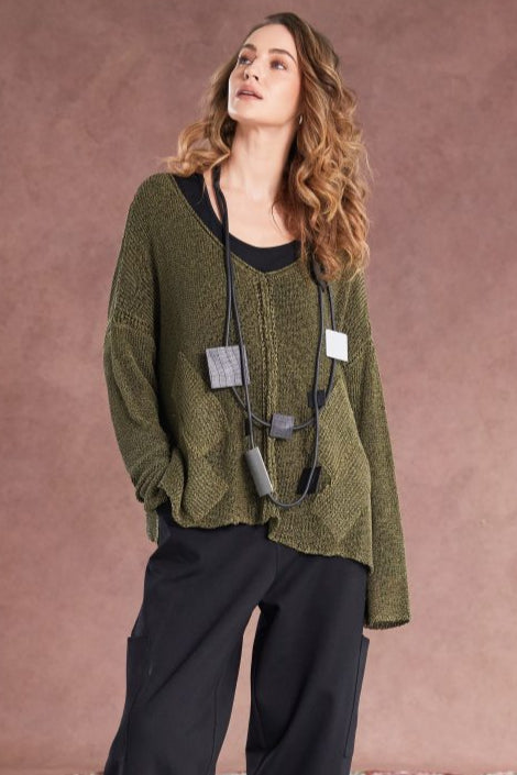 NAYA NAW25327 loose weave V neck knit with layed on sections