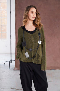 NAYA NAW25327 loose weave V neck knit with layed on sections
