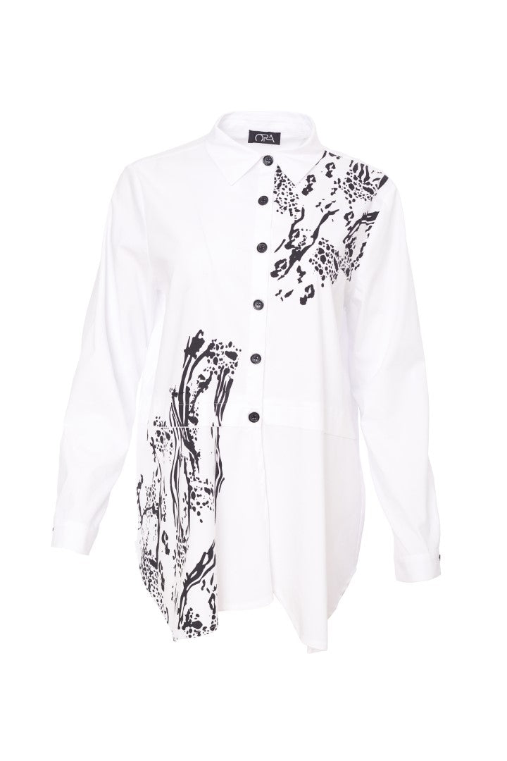 ORS24168 WHITE/BLACK ORA Placement print shirt with tuck detail
