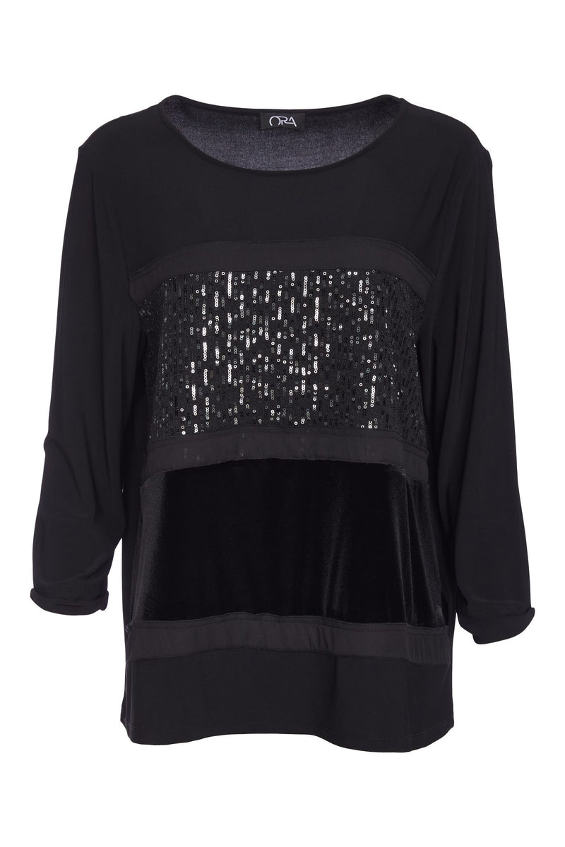 ORA ORW25128 Round neck mix top with sequined panel