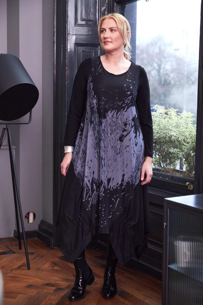 ORA ORW25161 Soft mesh print round neck dress with jersey underdress