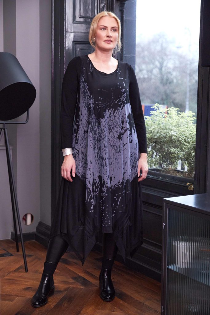 ORA ORW25161 Soft mesh print round neck dress with jersey underdress