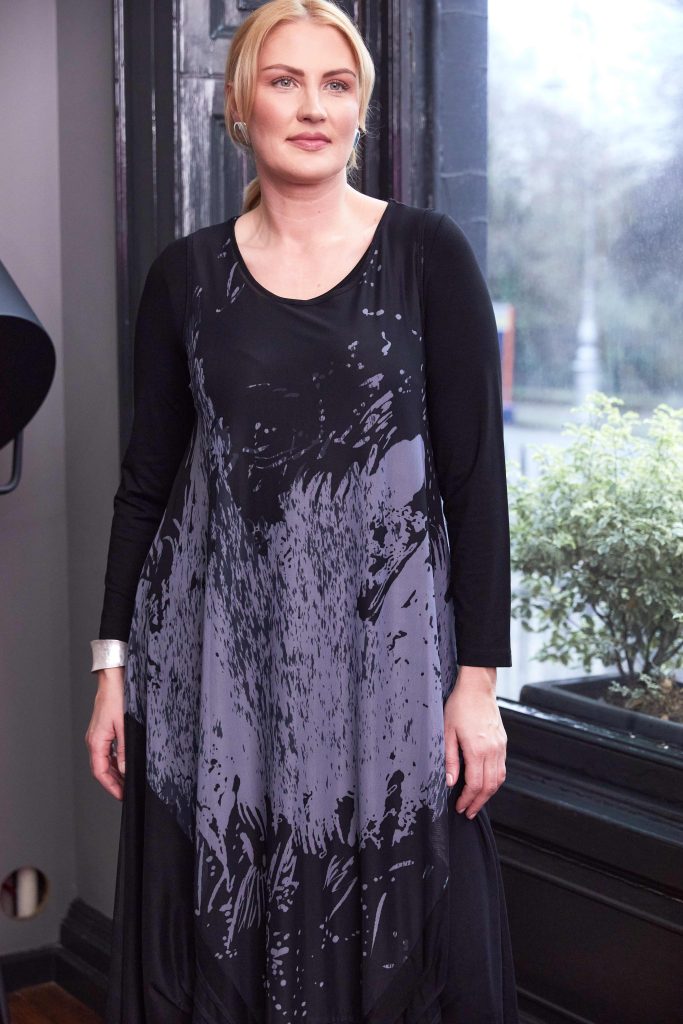 ORA ORW25161 Soft mesh print round neck dress with jersey underdress