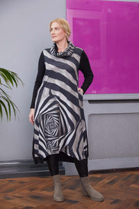 ORA ORW25167 V neck  print dress with cut away hem and neckscarf