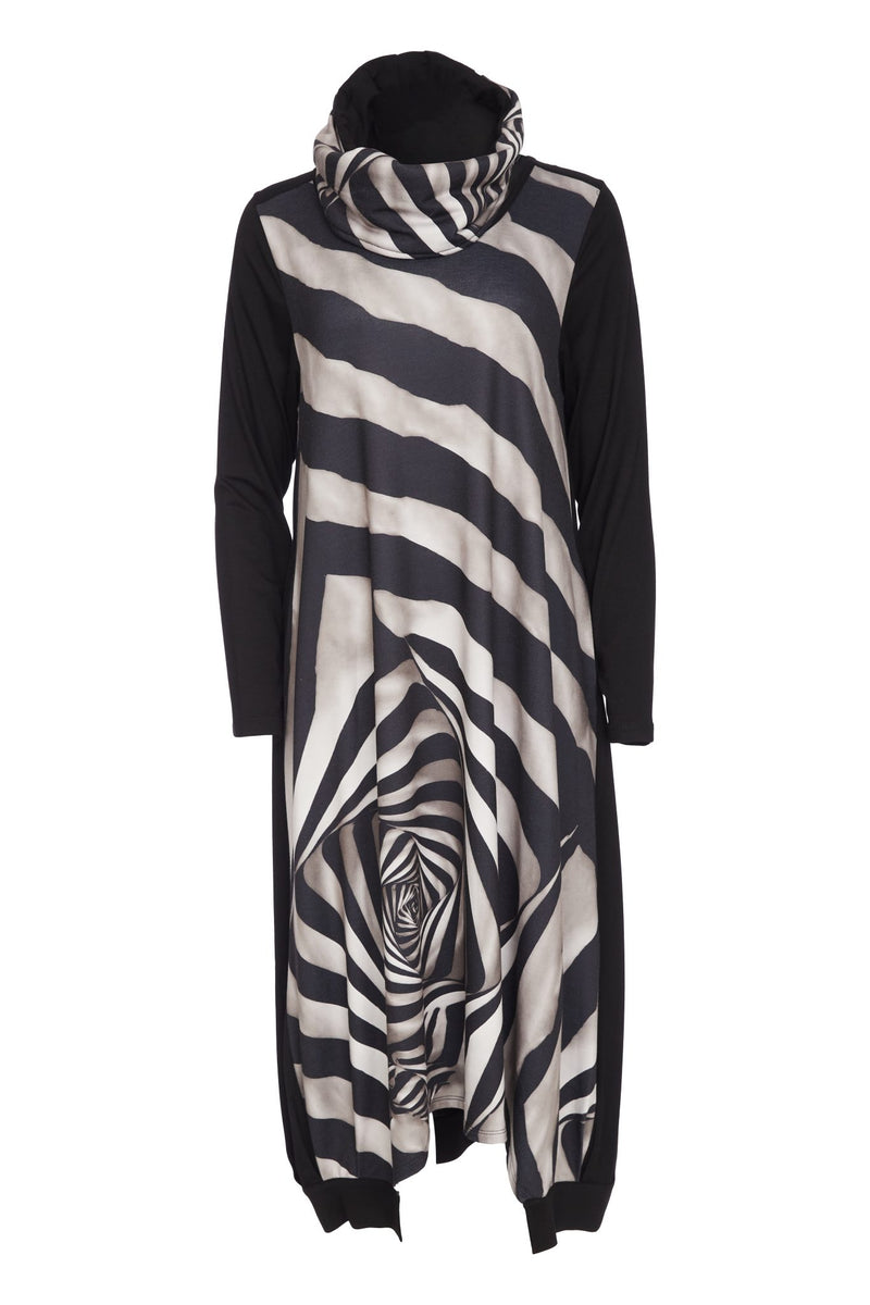 ORA ORW25167 V neck  print dress with cut away hem and neckscarf