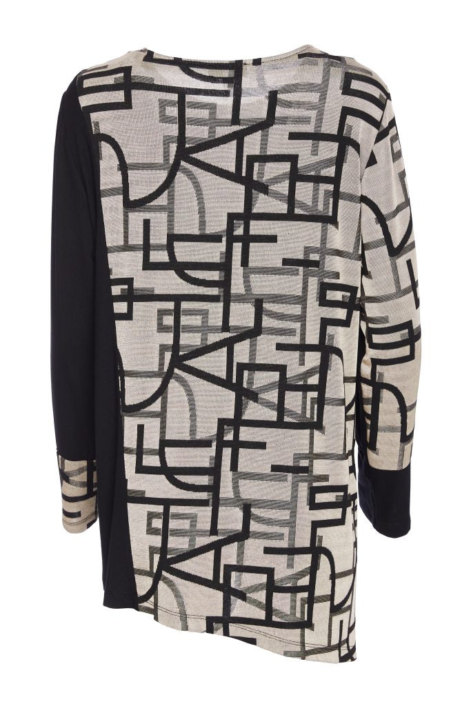 ORA ORW25180 Geometrical print angle hem top with contrast panels