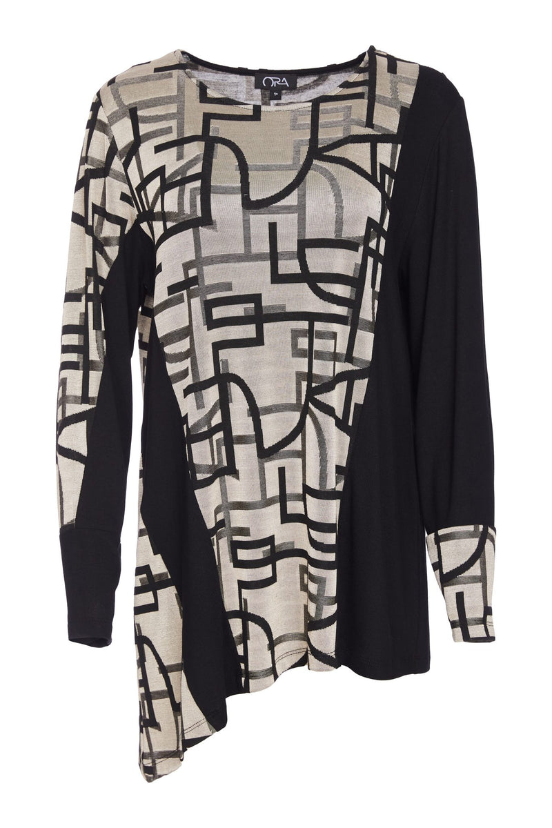 ORA ORW25180 Geometrical print angle hem top with contrast panels