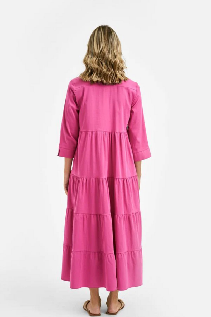 41-2020-1098-A Robe longue Milano ROSE BRILLANT avec col + patte de boutonnage manches 3/4
