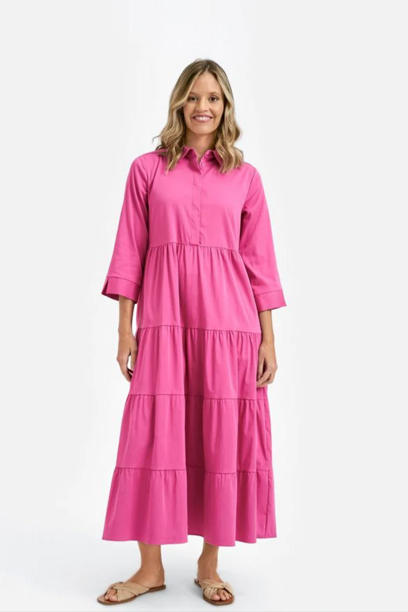 41-2020-1098-A BRIGHT PINK Milano Maxi Dress With Collar+Placket3/4 Sleeves