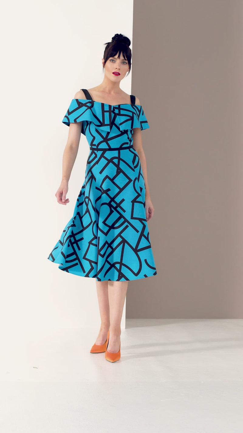 KCS23123 BLUE JEWEL Off The Shoulder Print Dress Kate Cooper