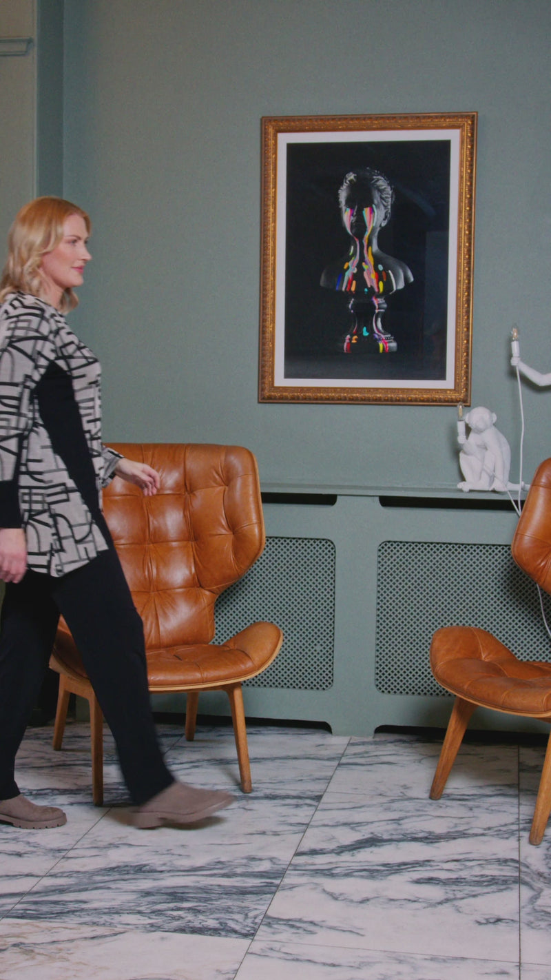 ORA ORW25180 Geometrical print angle hem top with contrast panels