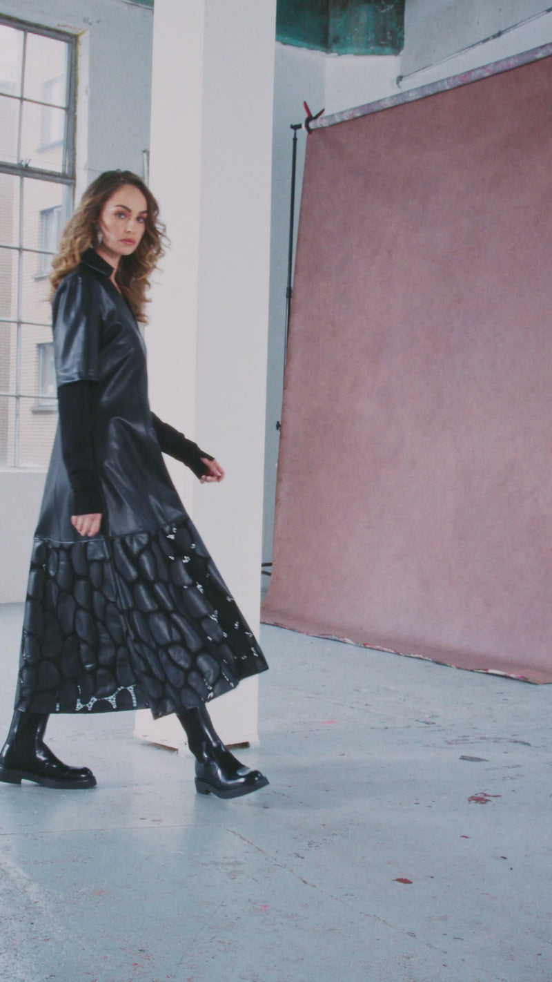 NAYA NAW25207 Leatherette Dress With Zip Detail and Lace Effect Detail@Hem